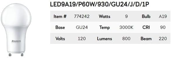 Bulbrie 774242 A-Type Supports Title 24 Part 6 JA8, CCT 3000K, 9 Watts, Bulb Type A19, 120 Volts, 800 Lumens, CRI 90, Soft White Light with A GU24 Base