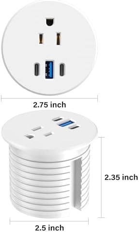 2.5 inch Power Grommet,20W USB-C Charging,1 Outlet with 2 USB C,1 USB Port,Furniture Flush Mount for Desktop,Recessed Power Strip,Workspace Essential Desk Outlet,2PCS (White, 2 PCS-6FT Cord)