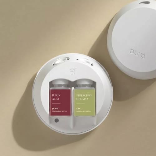 Pura - Smart Home Fragrance Device Starter Set - Pura 4 - Scent Diffuser for Home - Includes Fragrance Aroma Diffuser - Square Box, Juicy Acai and Pistachio Gelato Scent Refills