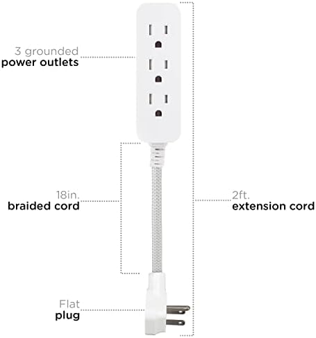 Cordinate Mini 3-Outlet Power Strip, 18 in Braided Extension Cord