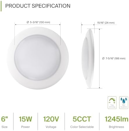 ASD 1 Pack LED Disk Lights 6 Inch, 5CCT Flush Mount Ceiling Light Fixture