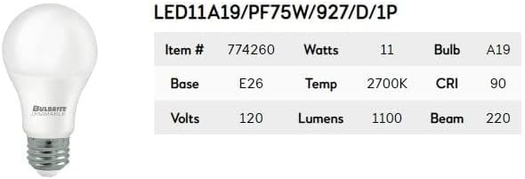 Bulbrite 774260 A-Type Dimmable, CCT 2700K, 11 Watts, Bulb Tupe A19, 120 Volts, 1100 Lumens, CRI 90, Warm White Light with A E26 Medium Base