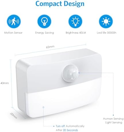 AMIR 2 Pack Mini Motion Sensor Stair Light for Indoor, Battery-Powered LED Night Light, 40 Lumen 6500K, Cordless Closet Lights, Safe Lights for Stairs, Hallway, Bathroom, Kitchen, Cabinet