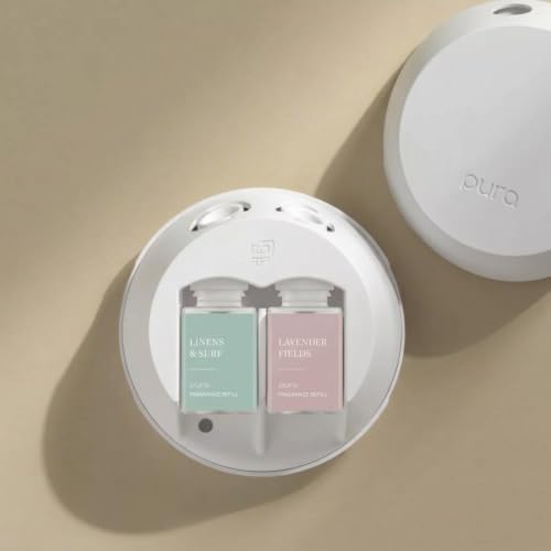 Pura - Smart Home Fragrance Device Starter Set - Pura 4 - Scent Diffuser for Home - Includes Fragrance Aroma Diffuser - Square Box, Linens & Surf and Lavender Fields Scent Refills