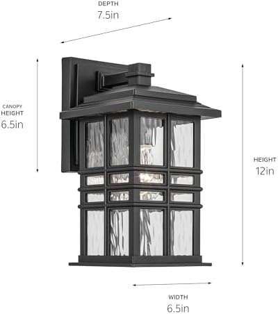 Kichler Beacon Square 12" 1-Light Outdoor Wall Light with Clear Hammered Glass in Textured Black, for Exterior Doors, Garage, Porch, or Patio (12" x 6.5"), 49829BKT