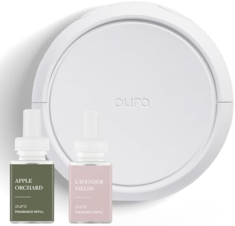 Pura Smart Home Fragrance Device Starter Set - Pura 4 - Scent Diffuser for Home - Includes Fragrance Aroma Diffuser - Square Box, Apple Orchards and Lavender Fields Scent Refills