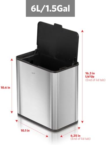 Glad Roomate Stainless Steel Under Counter Waste Bin with Clorox Odor Protection | Space Saving Dual Lid Small Trash Can for Kitchen Cabinet, Bathroom or Office, 1.5 Gallon (6L)