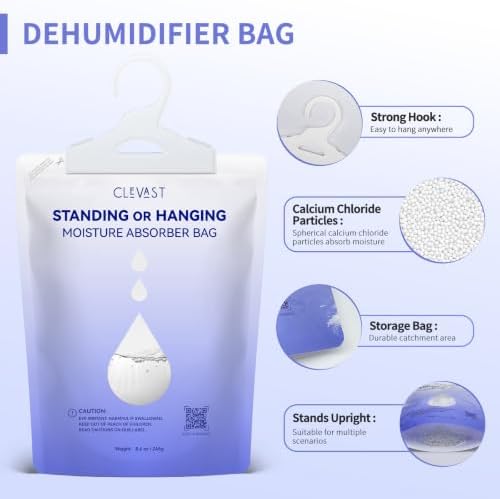 CLEVAST Moisture Absorbers Packets 10 Pack, Dehumidifier Bags for Closet, Unscented Hanging Humidity Absorber in Wardrobes, Bedrooms, Bathrooms (2 in1)