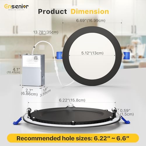 Ensenior 16 Pack 6 Inch LED Recessed Ceiling Light, Dimmable, 2700K-5000K 5CCT, 1200LM 12W 120V, High Brightness Canless Wafer Downlight, Black - ETL&FCC&IC
