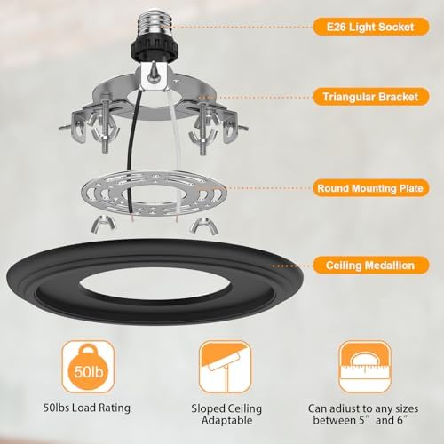 2-Pack Recessed Light to Pendant Converter Kit, Adjustable for 5 and 6 inch Recessed Can Light Conversion Kit, Includes E26 Socket, Triangular Bracket, Round Mounting Plate & 3D Black Cover