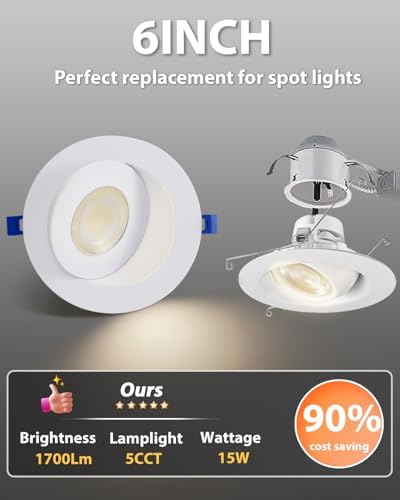 Adetu 4 Pack 6 inch 5CCT LED Eyeball Gimbal Recessed Light, 15W=145W,1700LM