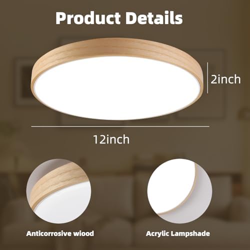 Smart WiFi LED Ceiling Light 12" Modern Wood Flush Mount with Remote