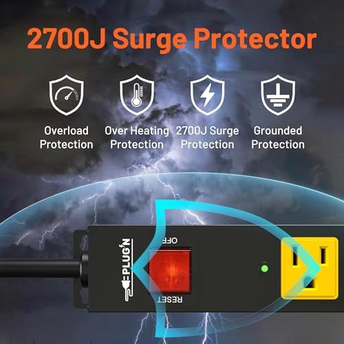 Power Strip 2700J Surge Protector, 2 Pack 6 Outlet Heavy Duty Power Strips with Flat Plug and 6FT Long Cord, Wall Mountable Metal Outlet Strip for Desk, Garage, Workbench and Kitchen