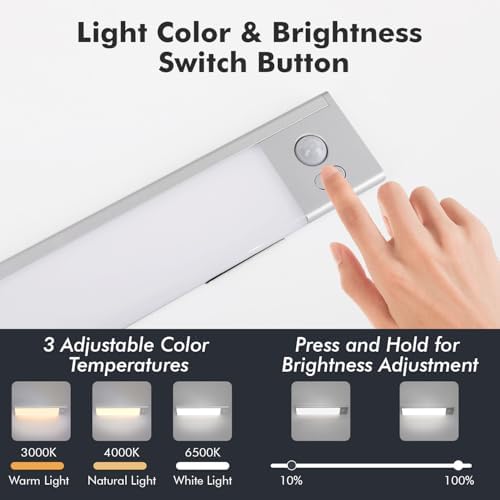 2 Pack Under Cabinet Lighting, 3 Colors & Dimmable Motion Sensor Light Indoor, 900mAh Rechargeable Under Cabinet Lighting Magnetic for Kitchen, Stairs, Closets, Silver(Aluminum Alloy+ABS +PC)