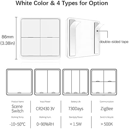 Zopsc Wireless Scene Switch, 4 Gang Smart Wall Panel Push Key, Tuya Smart Life APP Remote Control for Home Devices, ZigBee Hub Required, Battery Powered White (1 Gang)
