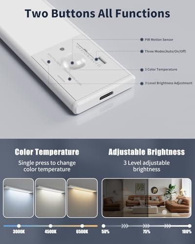 Under Cabinet Lighting, 12 Inch Motion Sensor Light Indoor, 1800mAh USB Rechargeable Closet Light, 3 Color Temperature Operable LED Lights, Can Be Used for Wardrobes, Cabinets, Stairs (3 Pack)