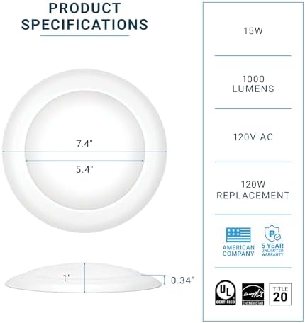 PARMIDA (4 Pack) 5/6 Inch Dimmable LED Disk Light Surface Flush Mount 15W, UL Listed, Recessed Retrofit Ceiling Disc Lights, Energy Star, Installs into Junction Box Or Recessed Can, 1050lm - 4000K