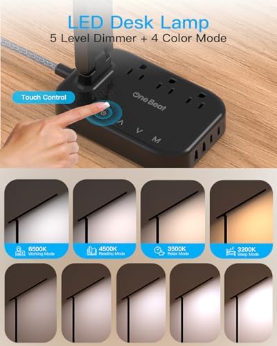 LED Desk Lamp, 10Ft Power Strip with 3 Outlets 4 USB Ports(2 USB C), Black
