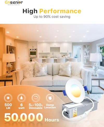 Ensenior 6 Pack 3 Inch LED Recessed Light, Canless, 5CCT Dimmable Wafer