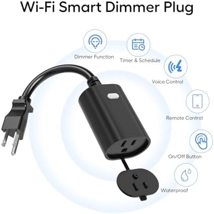 Eva's Light Smart Dimmer Plug, WiFi Outdoor Smart Plug, IP65 Waterproof, 1%-100% Dimmable, 2.4Ghz Wi-Fi, Compatible with Alexa & Google Assistant, No Hub Required, Max 400W, Black