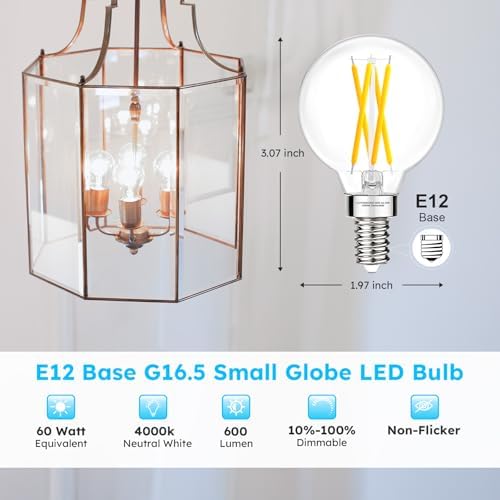 E12 G16.5 Globe Bulb LED, 4000K Neutral White Dimmable, 60W Equivalent