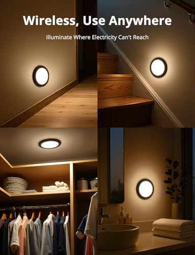 Combuh 2 Pack Black Operated Battery Powered Motion Sensor Ceiling Lights Wireless, Rechargeable 60 Day Battery Life Waterproof Inside Shower Lighting with Remote Magnetic No Wiring for Garage Closet