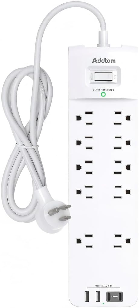 Addtam Power Strips with Surge Protection, 6FT Extension Cord with Multiple Outlets, Surge Protector Power Strip with 10 Outlets and 4 USB Ports(2 USB C), Flat Plug, 2700J, White