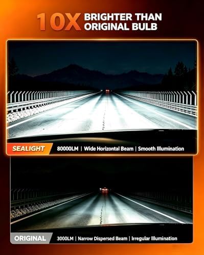 SEALIGHT H7 Bulbs, 80,000LM 1200% Brighter H7 LED Bulbs, 6500K Cool White Bulbs with Super Cooling Fan, 70,000+ Hrs Long-Term Extended Lifespan, Plug and Play with All in one Wireless, Pack of 2