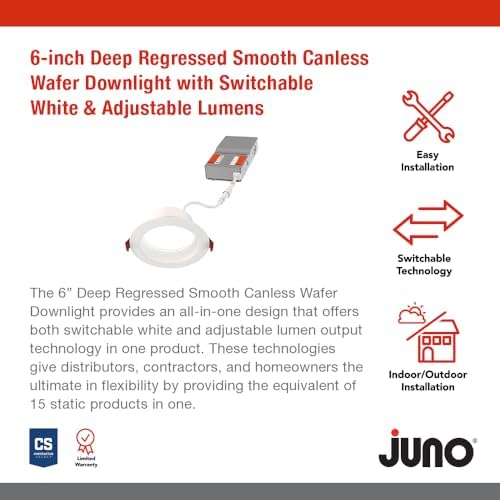 Juno 6" Canless Wafer LED Light, 5-in-1 CCT, Deep Regressed Smooth Trim 6Pk