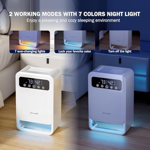 Frizzlife DH80 Dehumidifier with 135oz Water Tank, Small Dehumidifiers With Auto Shut Off For Bedroom, Bathroom, Home, Low-Noise Quiet Sleep Mode with Timer, 7 Colors Light, White