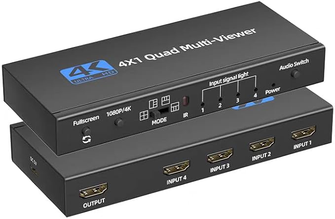 HDMI Multiviewer 4 in 1 Out, Seamless 4K HDMI Switcher with 9 Display Modes, Supports 4K 30Hz, Cascading, IR Remote for Security Cameras and Gaming Consoles