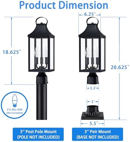 18.62 Post Light Outdoor, Large 3-Light Lamp Post Light Fixture, Black