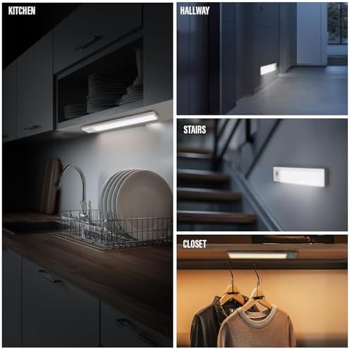 2 Pack Under Cabinet Lighting, 3 Colors & Dimmable Motion Sensor Light Indoor, 900mAh Rechargeable Under Cabinet Lighting Magnetic for Kitchen, Stairs, Closets, White(ABS+PC)