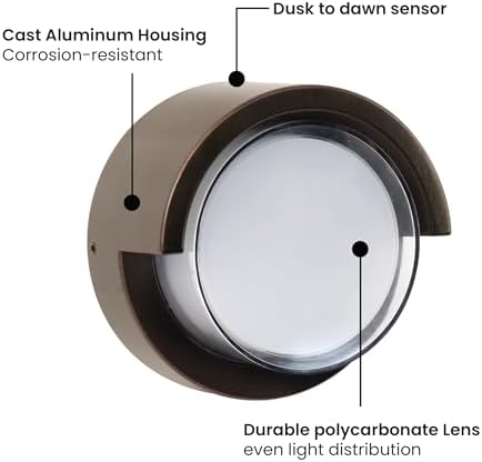 Feit Electric Outdoor LED Wall Sconce, Round Wall Mount Light Fixture, Dusk-to-Dawn, 5000K Daylight, Hardwired, Bronze Finish, Polycarbonate Lens, 50,000-Hour Lifetime, S5RWM/850/DD/BZ