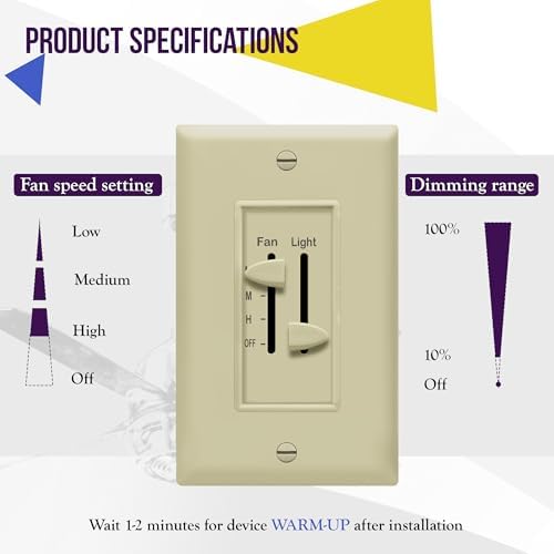 ENERLITES 3 Speed Ceiling Fan Control and LED Dimmer Light Switch, Light and Fan Combination Switch, Single Pole, 2.5A, 300W Incandescent, No Neutral Wire Required, 17001-F3-I-F, Ivory