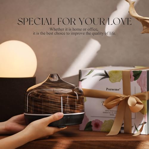 Porseme 500ml Glass Essential Oil Diffuser Aromatherapy Ultrasonic Cool Mist Humidifier 15-21 Running Hours Waterless Auto-Off Air Diffusers for Sleeping Yoga Working Spa(Dark Golden)