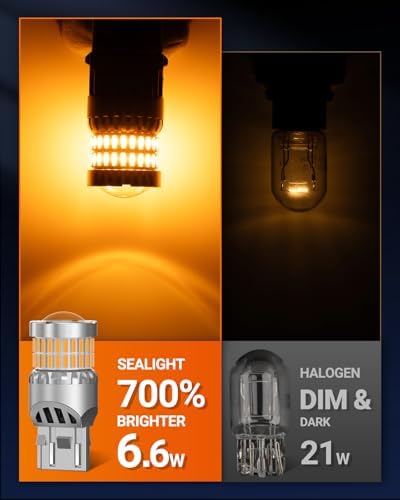 SEALIGHT 7440 7443 LED Bulb Amber Yellow, Upgraded T20 7444 7443NA 7441 W21W 992 LED 56-SMD with Projector Lens,Front Rear Turn Signal Lights bulbs Need Extra Load Resistor, Pack of 2