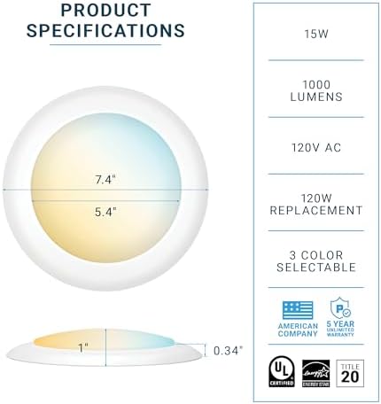 PARMIDA (4 Pack) 5/6 Inch Dimmable 3CCT LED Disk Lights, 15W Surface Mount Recessed Ceiling Disc Lighting, 3 Color Selectable 3000K/4000K/5000K, 1050lm, J-Box Or Recessed Can Installation, UL-Listed