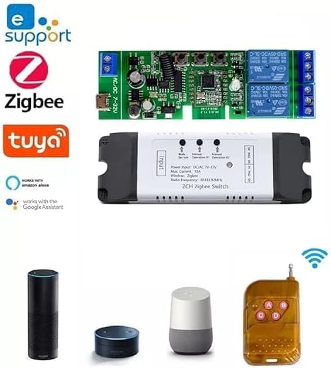 Zigbee 2 Channel 5V 12V Smart Relay Switch,Adjustable Self Lock and Momentary Interlock Working Mode,Works with Tuya eWelink Zigbee Gateway, Alexa, Google Home (ZigBee Hub Required)