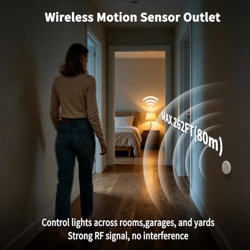 NineLeaf Motion Sensor Outlet, Wireless Motion Activated Plug with Timer & Light Sensor, 262 ft Range, 15A/1500W, Auto On/Off for Lights, Bathroom Fan, Garage, Hallway(1Sensor 6Plugs)