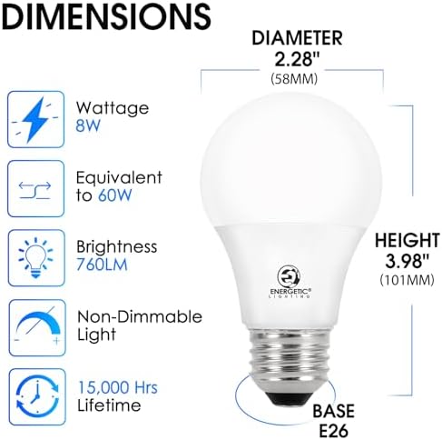 E ENERGETIC LIGHTING A19 LED Bulbs 60 watt Equivalent, Cool White 4000K, E26 Medium Base, Non-Dimmable LED Light Bulb, ETL Listed, 4-Pack