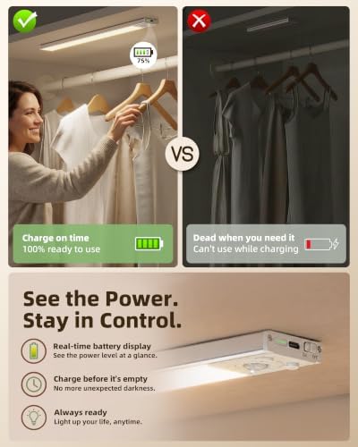 EZVALO Under Cabinet Lighting Wireless, 6Pack 17'' Rechargeable Closet Lights, LED Motion Sensor Indoor, Dimmable & 3 Color Temps Battery Operated with Power Display, for Kitchen, Stairs, Bookshelf
