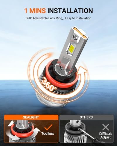 SEALIGHT H11 Bulbs, 120,000LM 1700% Brightness, H11 H9 6500K White, IP68 Waterproof 80000Hrs Lifespan, No Flickering, 1Mins Installation, 2 Pack