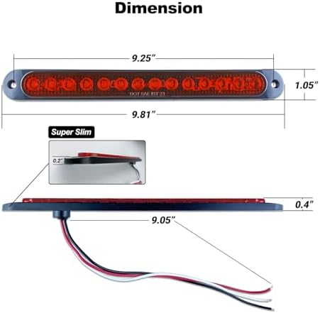 10" LED Trailer Brake Lights Bar Strip Aluminum Alloy Base Red Stop Turn Identification Side Marker Tail Lights Assembly for Truck Marine Boats, 15 LEDs 2Pcs