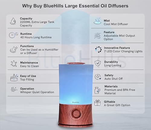 BlueHills Premium 2000 ML XL Essential Oil Diffuser Humidifier 2L Dark Wood