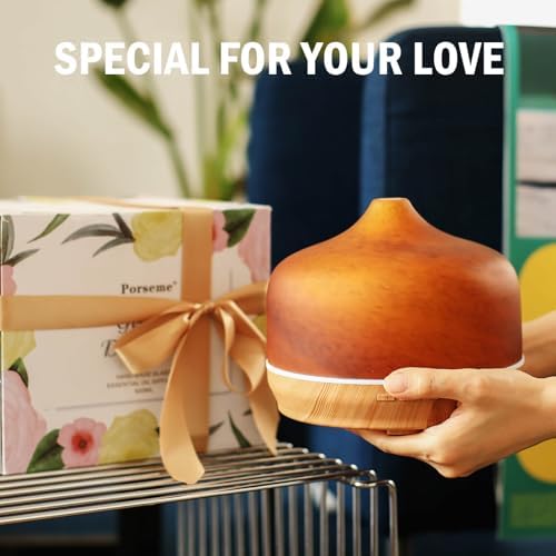 Porseme 500ml Glass Essential Oil Diffuser Aromatherapy Ultrasonic Cool Mist Humidifier 15-21 Running Hours Waterless Auto-Off Air Diffusers for Sleeping Yoga Working Spa(Caramel)
