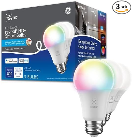 Cync Full Color reveal® Smart Bulbs (3 LED A19 Bulbs), 60W Replacement, Bluetooth/Wifi Enabled, Compatible with Alexa, Google Assistant Without Hub