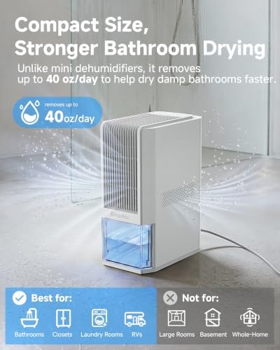 EasyAcc Small Dehumidifier for Bathroom, 68 OZ Dehumidifier for RV with Auto Shut Off, Removes Up to 40 OZ/Day, Quiet Portable Dehumidifier with 7 Color LED Light, Auto Defrost for Bedroom Closet