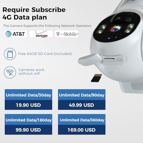 Hiseeu 4G LTE Cellular Security Camera Solar Powered, No WiFi Security Camera Wireless Outdoor, 24/7, PIR Motion, 2 Way Talk, 360° PT, 2K Color Night Vision, 64G SD & SIM Card Included