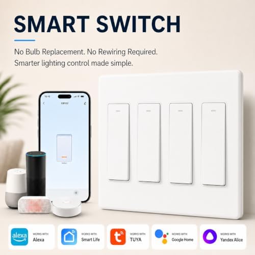 Smart Switch for Light 4 Gang, Neutral Wire Required, 2.4GHz Wi-Fi Switch Compatible with Alexa and Google Home, UL Certified